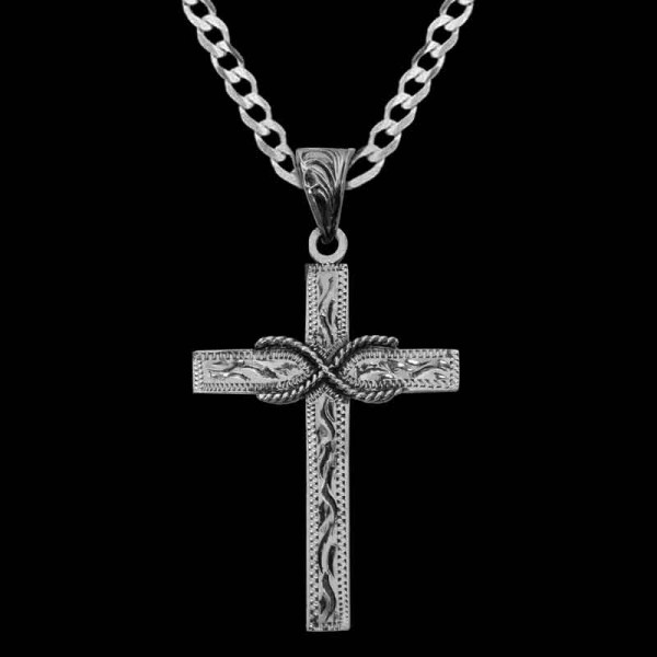 Our Caleb Cross Pendant is handcrafted on a German Silver base, it features hand-engraved scrollwork, a rope infinity at the center, and our signature antique finish.

Size: 1.5"" x 2.0"" 

Get a Sterling Silver chain at a discount